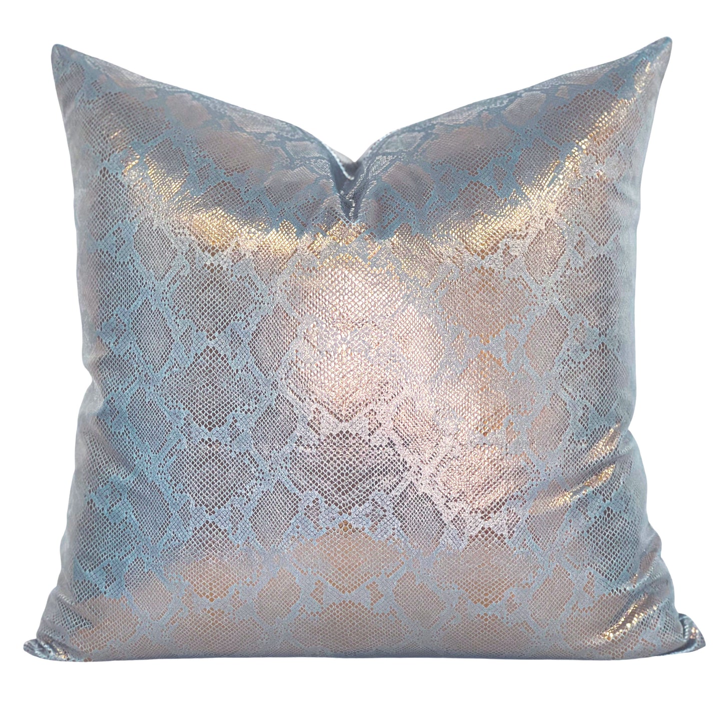 gold, silver, copper, and steel snake skin pillow