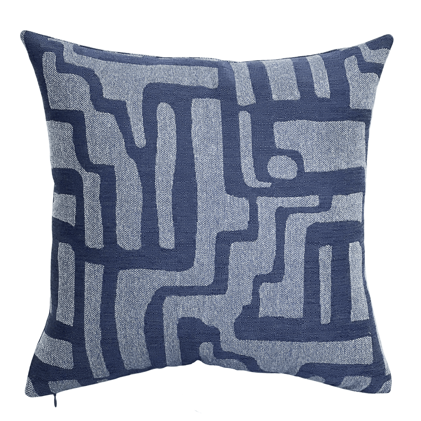 navy blue geometric print pillow in sunbrella fabric
