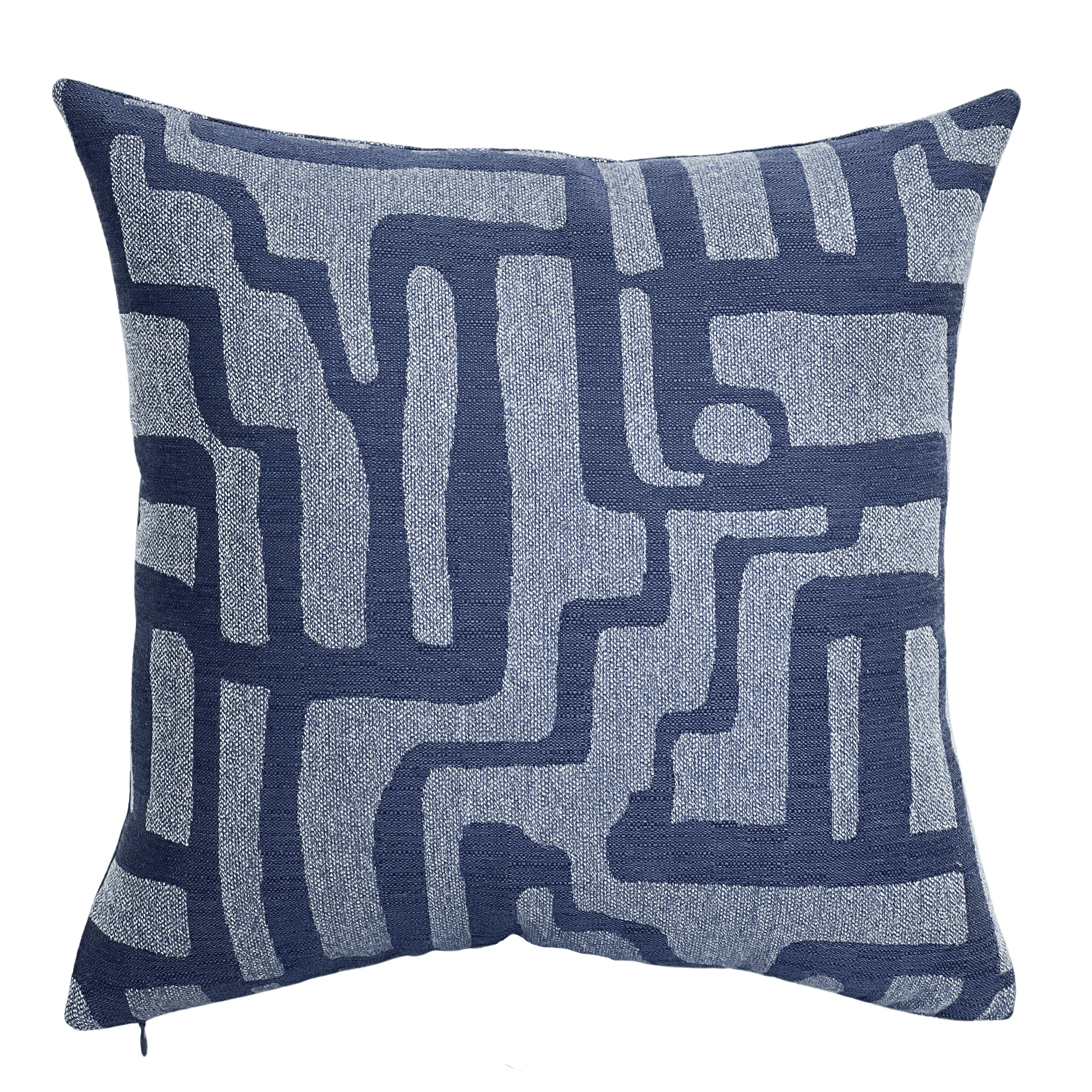 navy blue geometric print pillow in sunbrella fabric