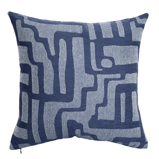 navy blue geometric print pillow in sunbrella fabric