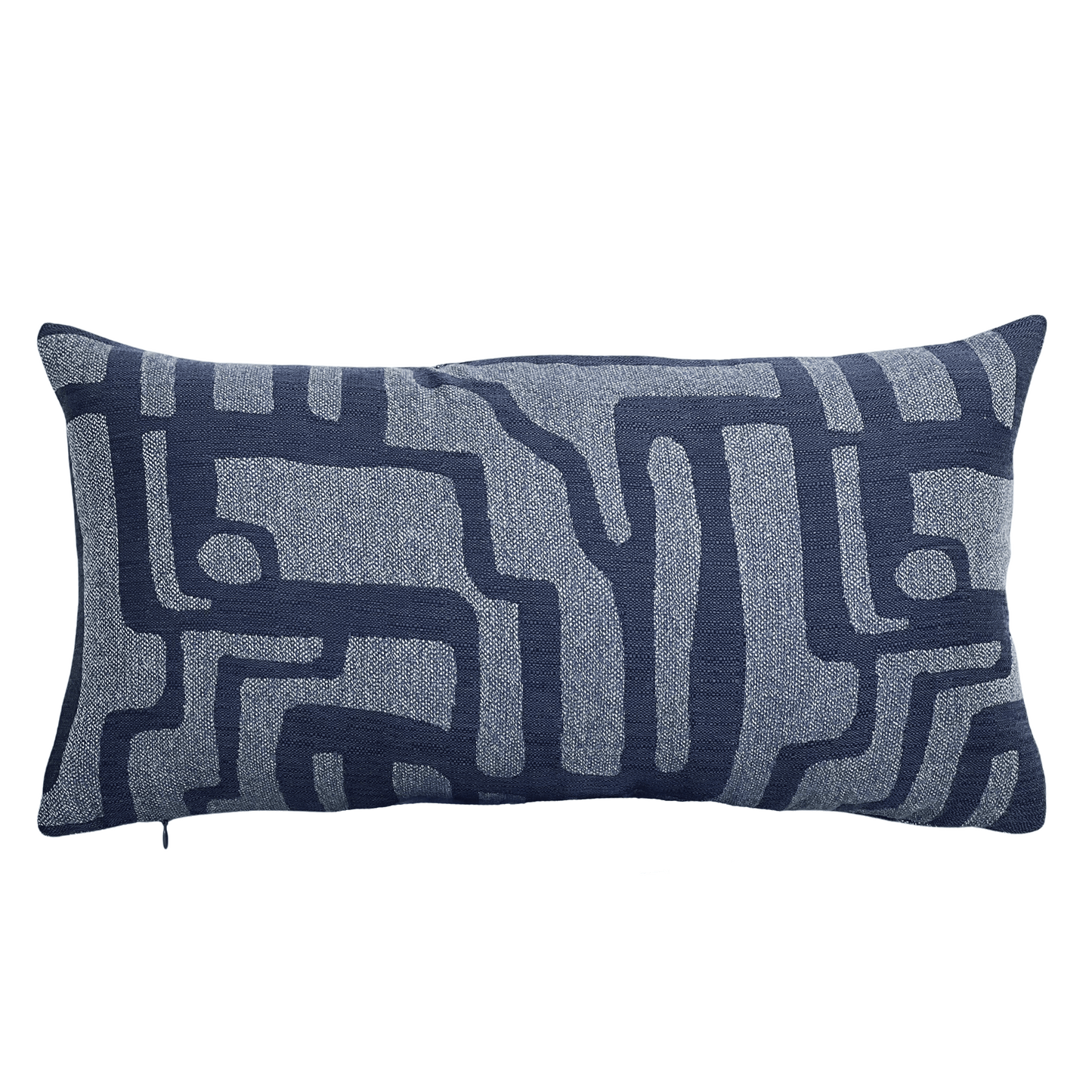 navy blue geometric print pillow in sunbrella fabric