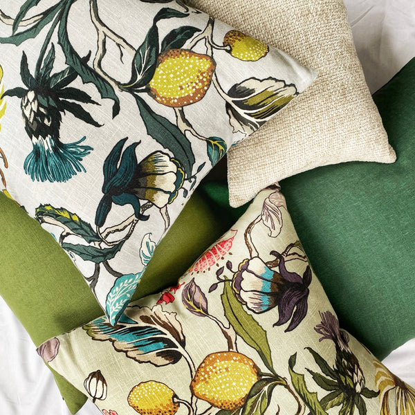 stacked green and floral fruit and foliage decorative linen throw pillow