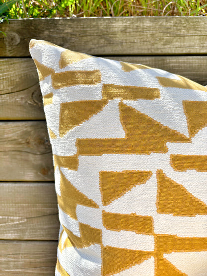 Indoor/ outdoor geometric pillow in gold. Weather resistant fabric for patio cushions, pillows and upholstery