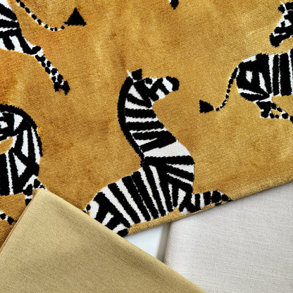 Dancing zebra luxury velvet for upholstery, pillows and drapery. Quick Ship fabric online in an instant