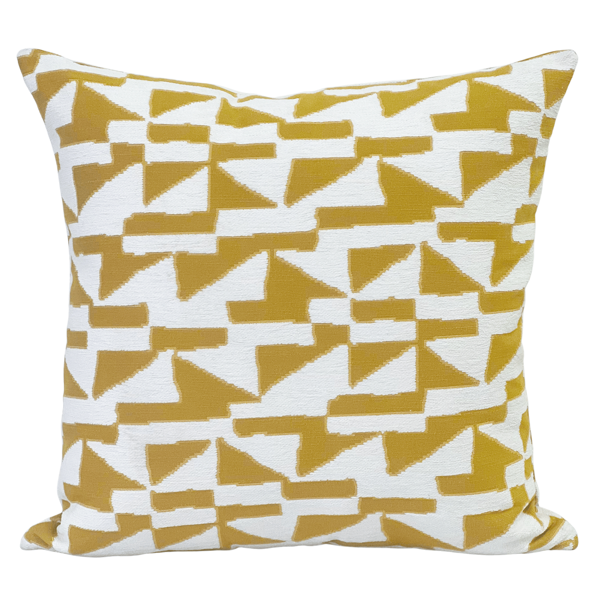 Indoor/ outdoor geometric pillow in gold. Weather resistant fabric for patio cushions, pillows and upholstery