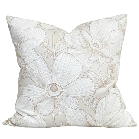 beige poppy floral cotton throw pillow