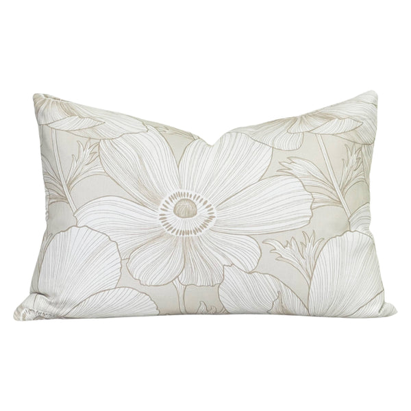 beige poppy floral cotton throw pillow