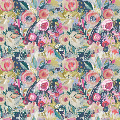 floral linen designer fabric in pink navy blue and green