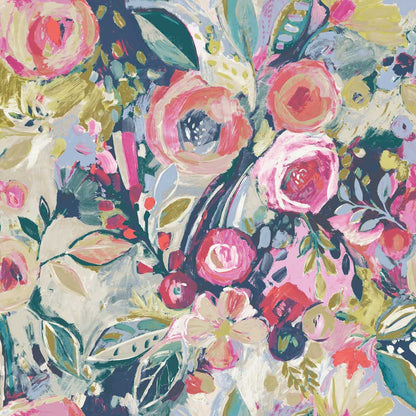 floral linen designer fabric in pink navy blue and green