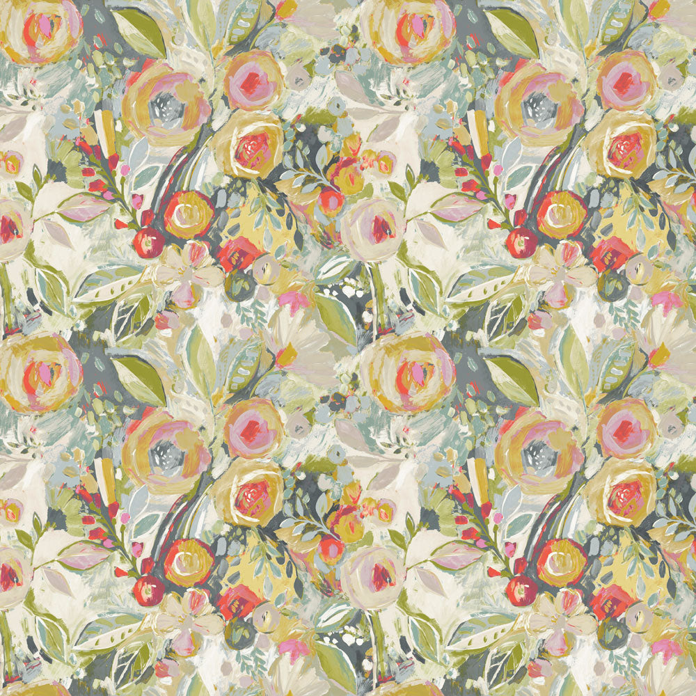 floral linen designer fabric in pink navy blue and green