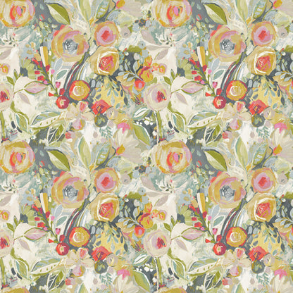 floral linen designer fabric in pink navy blue and green