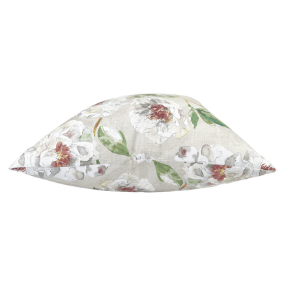 a dreamy floral printed pillow in an illustrated style. Green and pink hues