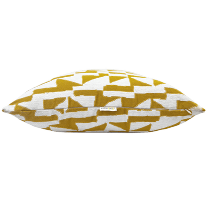 Indoor/ outdoor geometric pillow in gold. Weather resistant fabric for patio cushions, pillows and upholstery