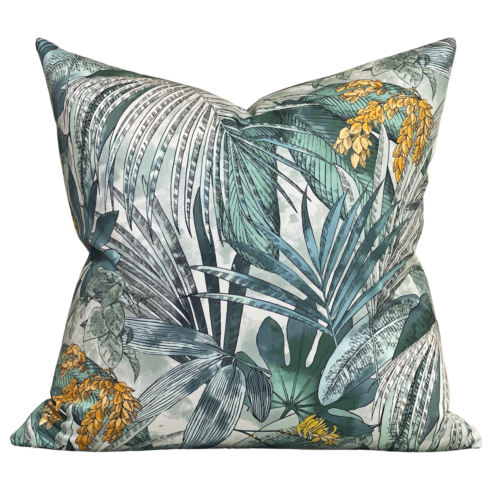 blue green palm pillow in cotton