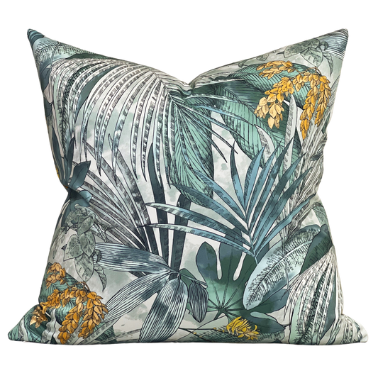 blue green palm pillow in cotton