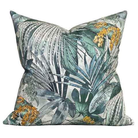 blue green palm pillow in cotton